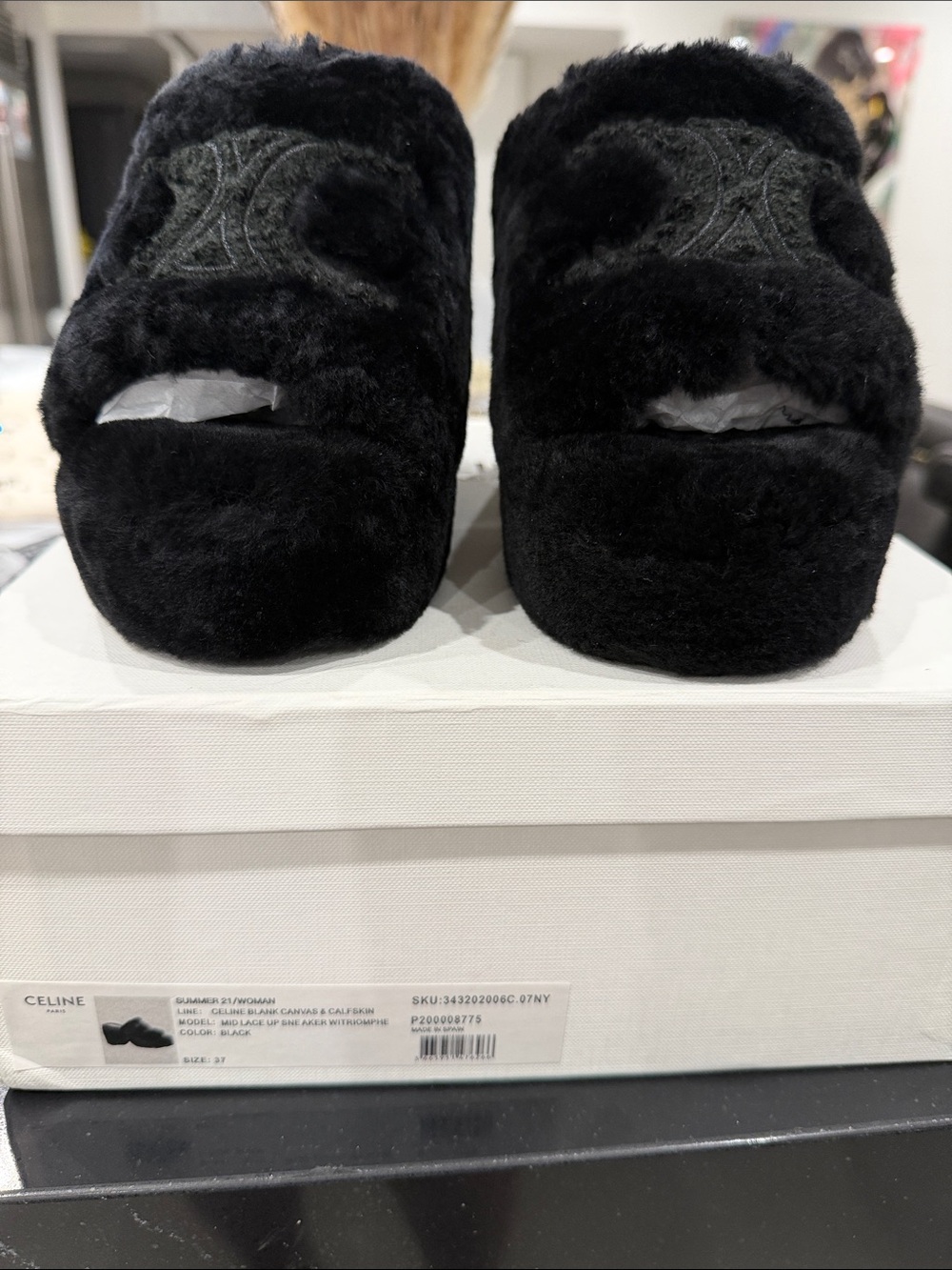 Celine Black Shearling Slide Slippers
